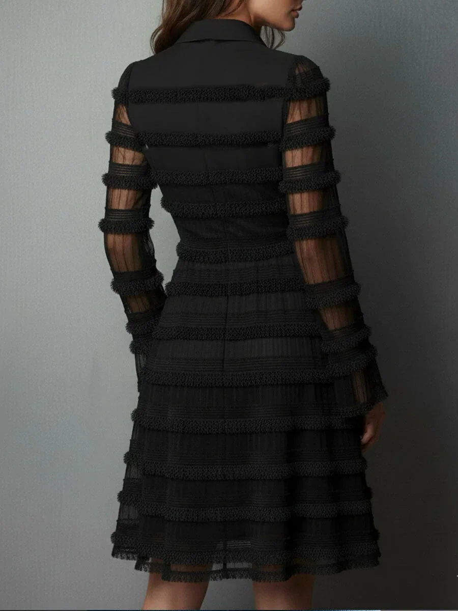 Timeless Sheer Fringed Stretchy Polyester Womens Slim Fit Midi Dress