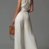 Minimalist Commuter Cream Pleated Wide Leg Womens Jumpsuit
