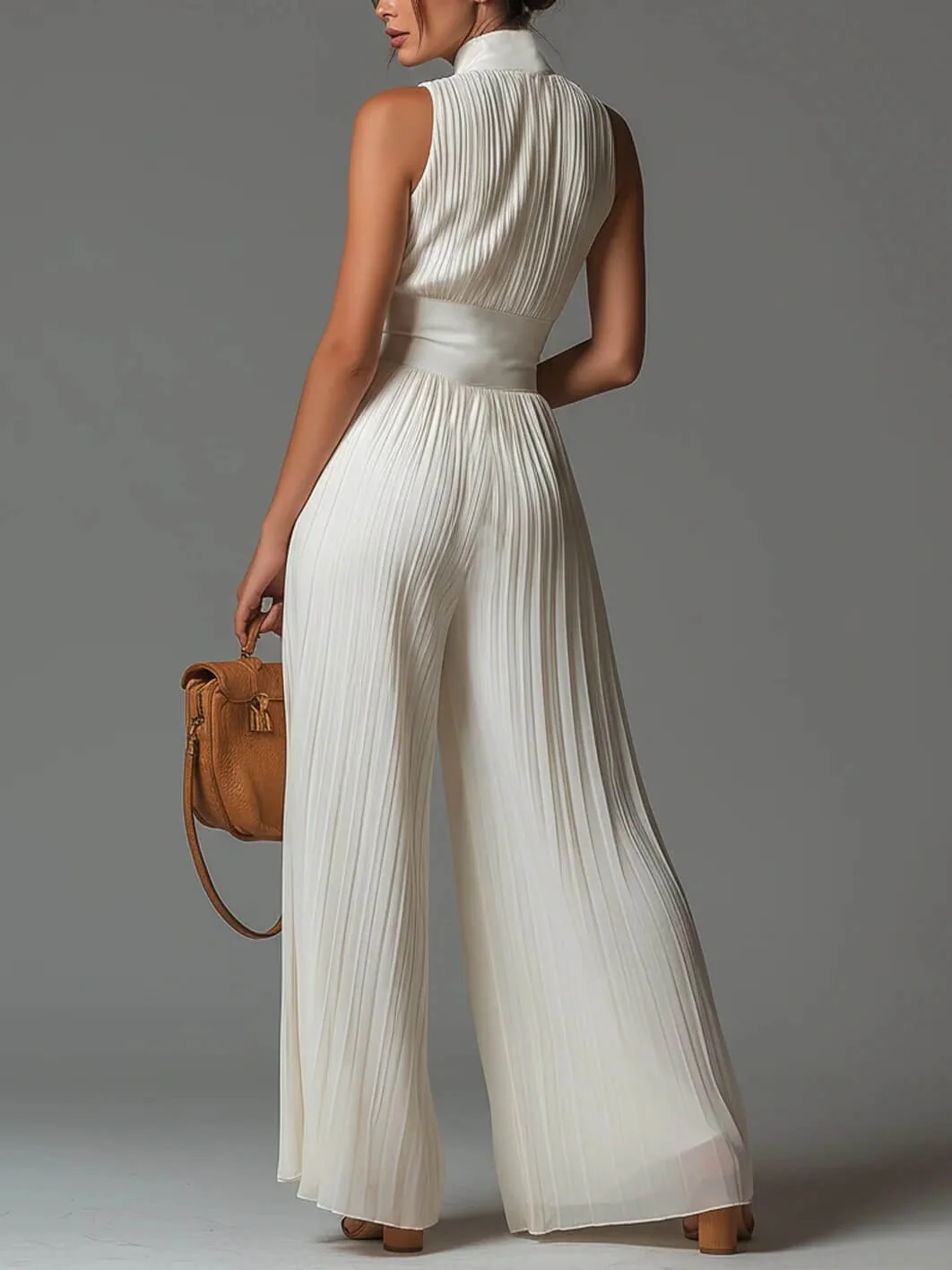 Minimalist Commuter Cream Pleated Wide Leg Womens Jumpsuit