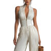 Minimalist Commuter Cream Pleated Wide Leg Womens Jumpsuit