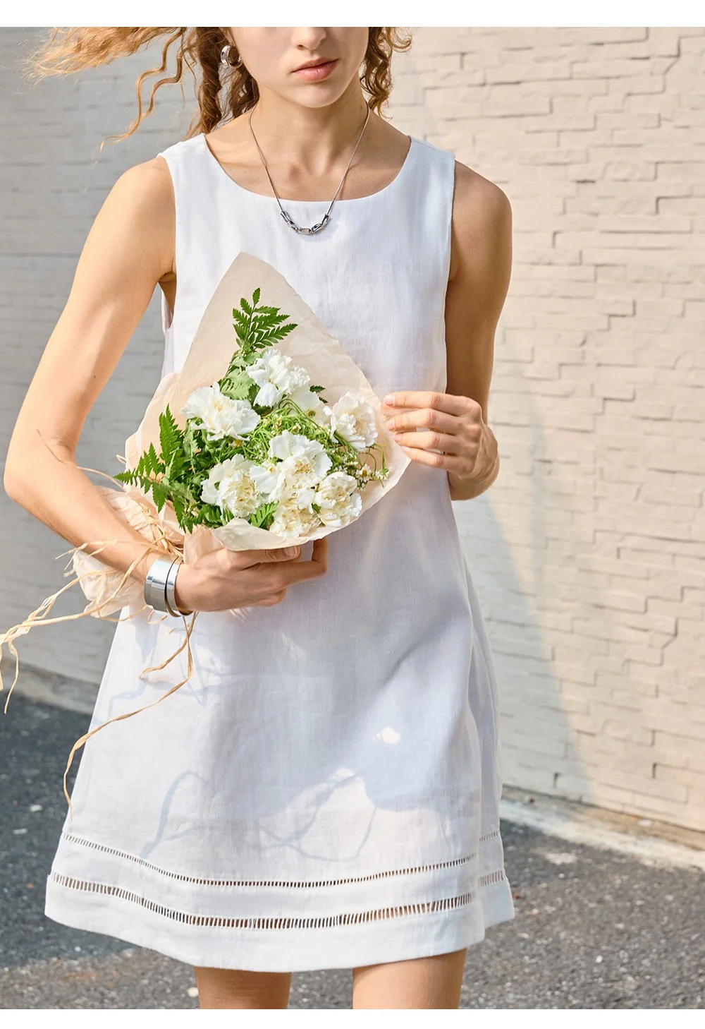 Minimalist Scalloped Edge Linen Blend Womens Sleeveless Midi Dress