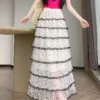 French Riviera Ditsy Floral Scalloped Lace Womens Tiered Maxi Skirt