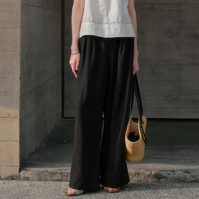 Minimalist Breathable Linen Lyocell Womens Wide Leg Trousers
