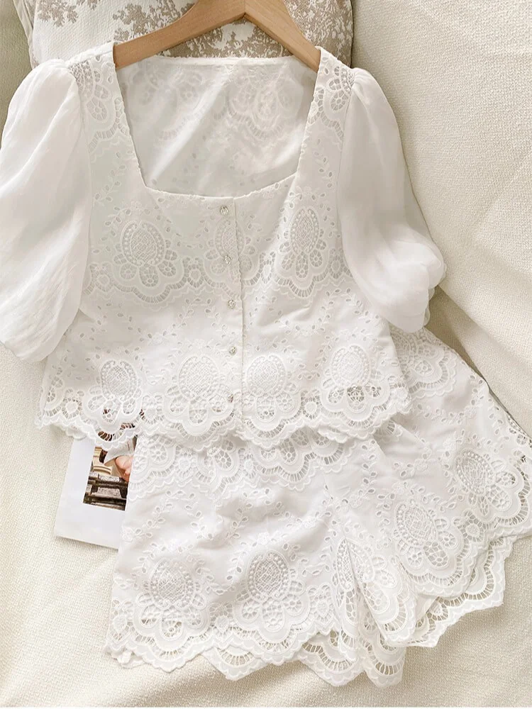 French Riviera Scalloped Broderie Anglaise Womens Shorts Set