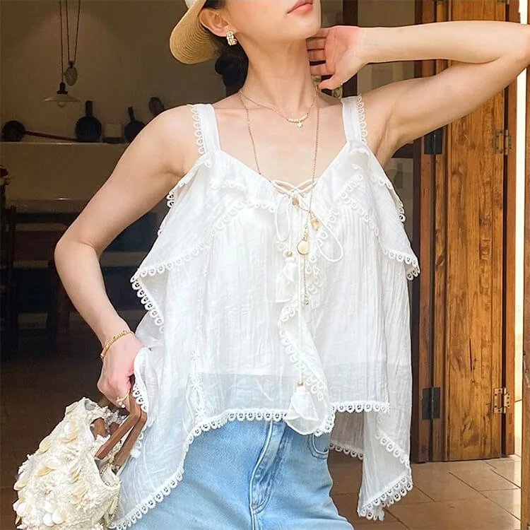 French Riviera Breathable Lyocell Scalloped Lace Trim Womens Cami Top