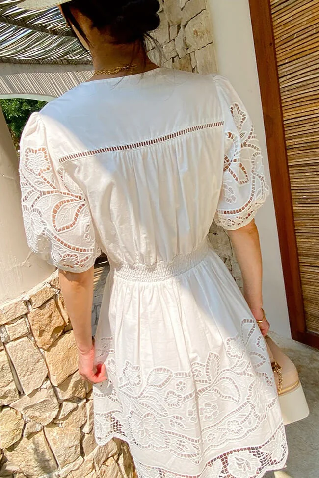 French Riviera Broderie Anglaise Scalloped Cotton Womens Mini Dress