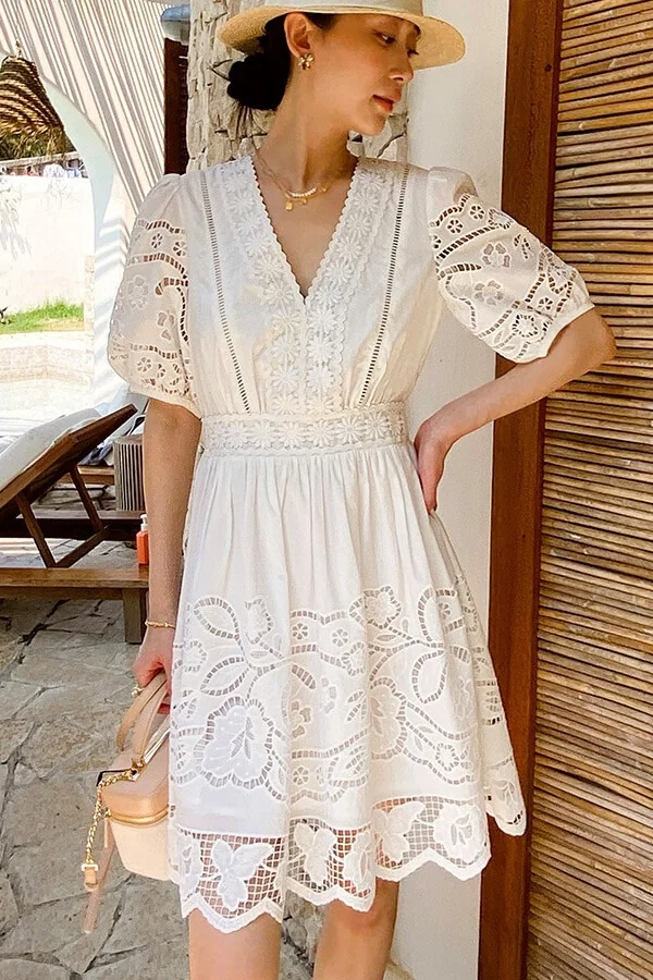 French Riviera Broderie Anglaise Scalloped Cotton Womens Mini Dress