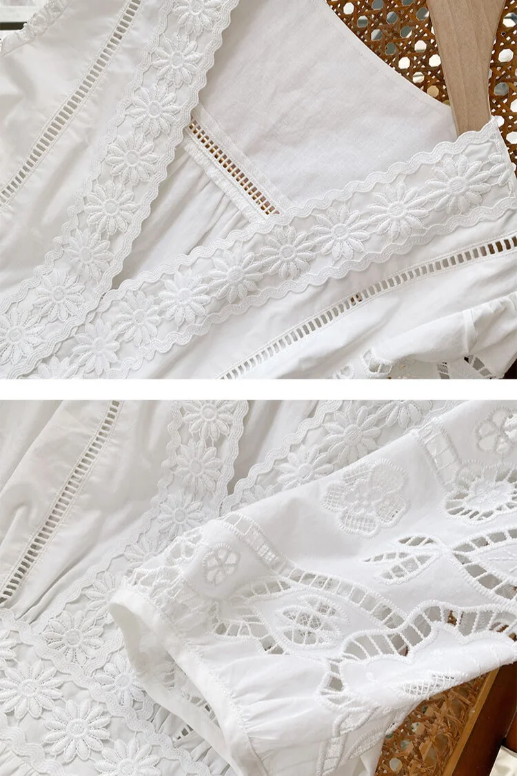 French Riviera Broderie Anglaise Scalloped Cotton Womens Mini Dress