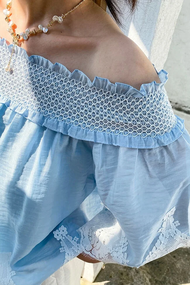 French Riviera Smocked Scalloped Lace Lyocell Womens Bardot Blouse