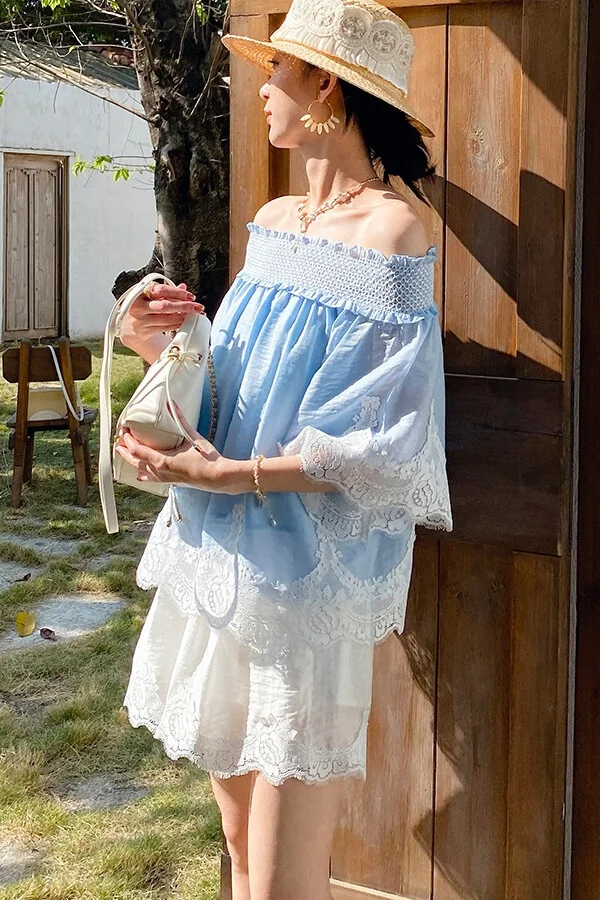 French Riviera Smocked Scalloped Lace Lyocell Womens Bardot Blouse