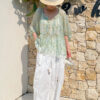 French Riviera Scalloped Lace Crinkled Linen Mix Womens Floral Blouse