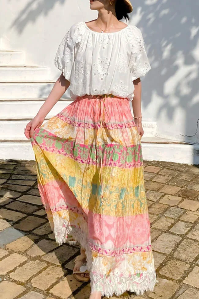 French Riviera Crinkled Floral Scalloped Lace Womens Cotton Maxi Skirt