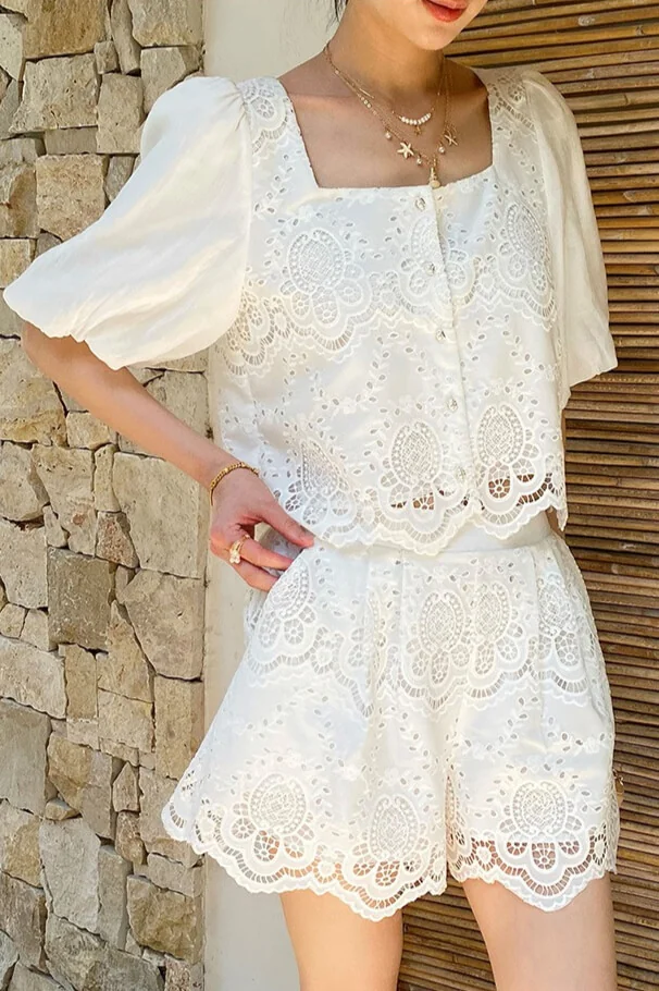 French Riviera Scalloped Broderie Anglaise Womens Shorts Set