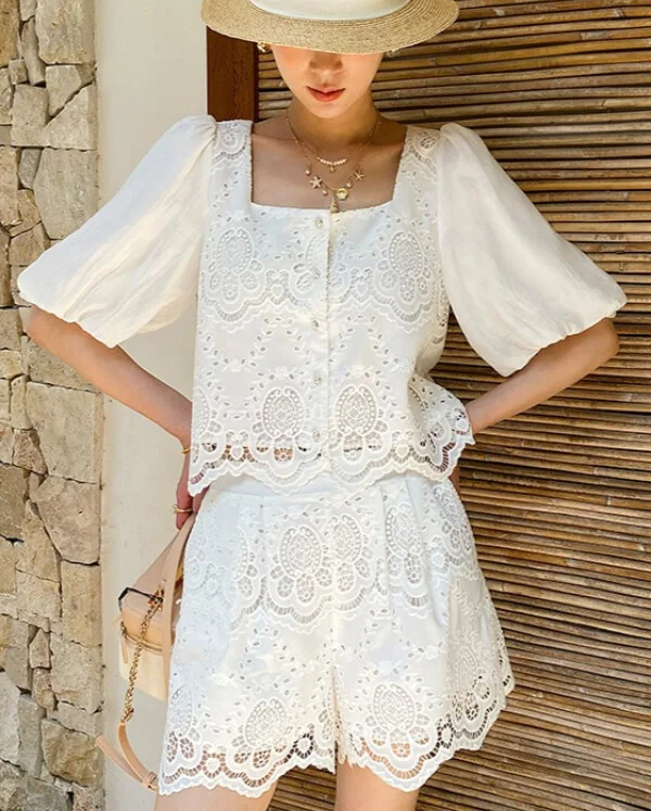 French Riviera Scalloped Broderie Anglaise Womens Shorts Set