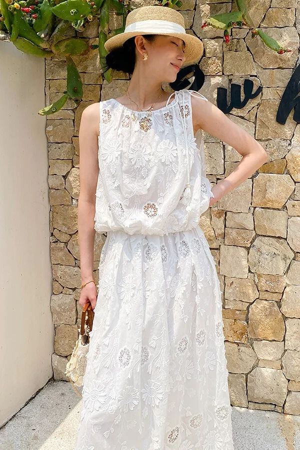 French Riviera Airy Cotton Broderie Anglaise Women Midi Skirt Set
