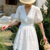 French Riviera Broderie Anglaise Scalloped Cotton Womens Mini Dress