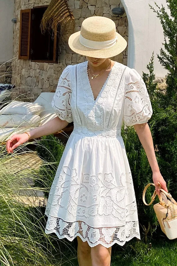 French Riviera Broderie Anglaise Scalloped Cotton Womens Mini Dress