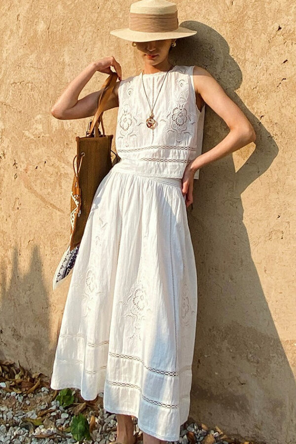 French Riviera Broderie Anglaise Airy Cotton Womens Midi Two Piece