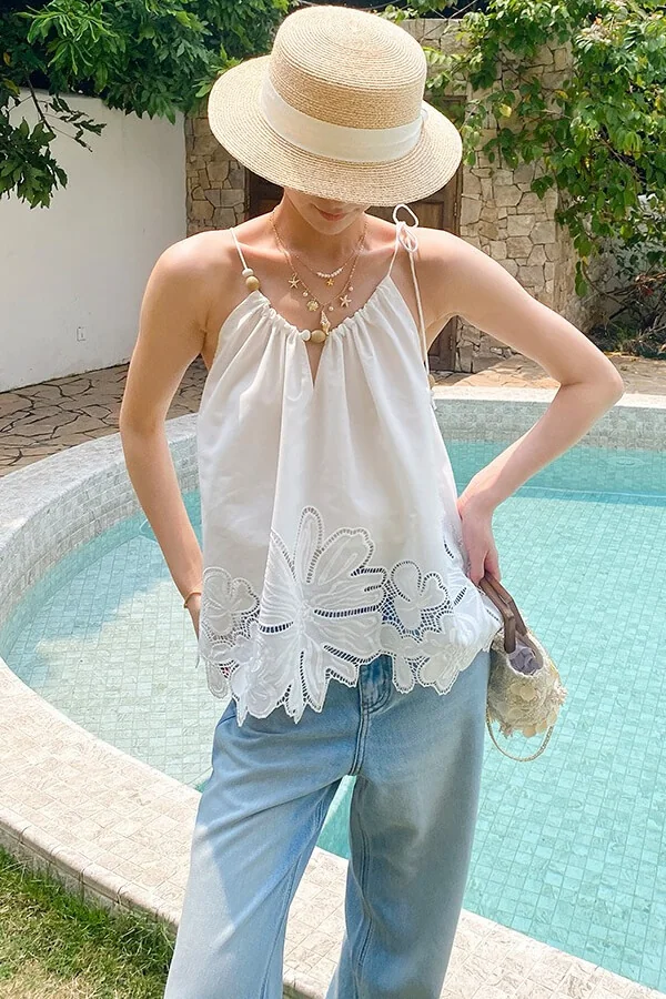 French Riviera Scalloped Broderie Anglaise Cotton Womens Cami Top