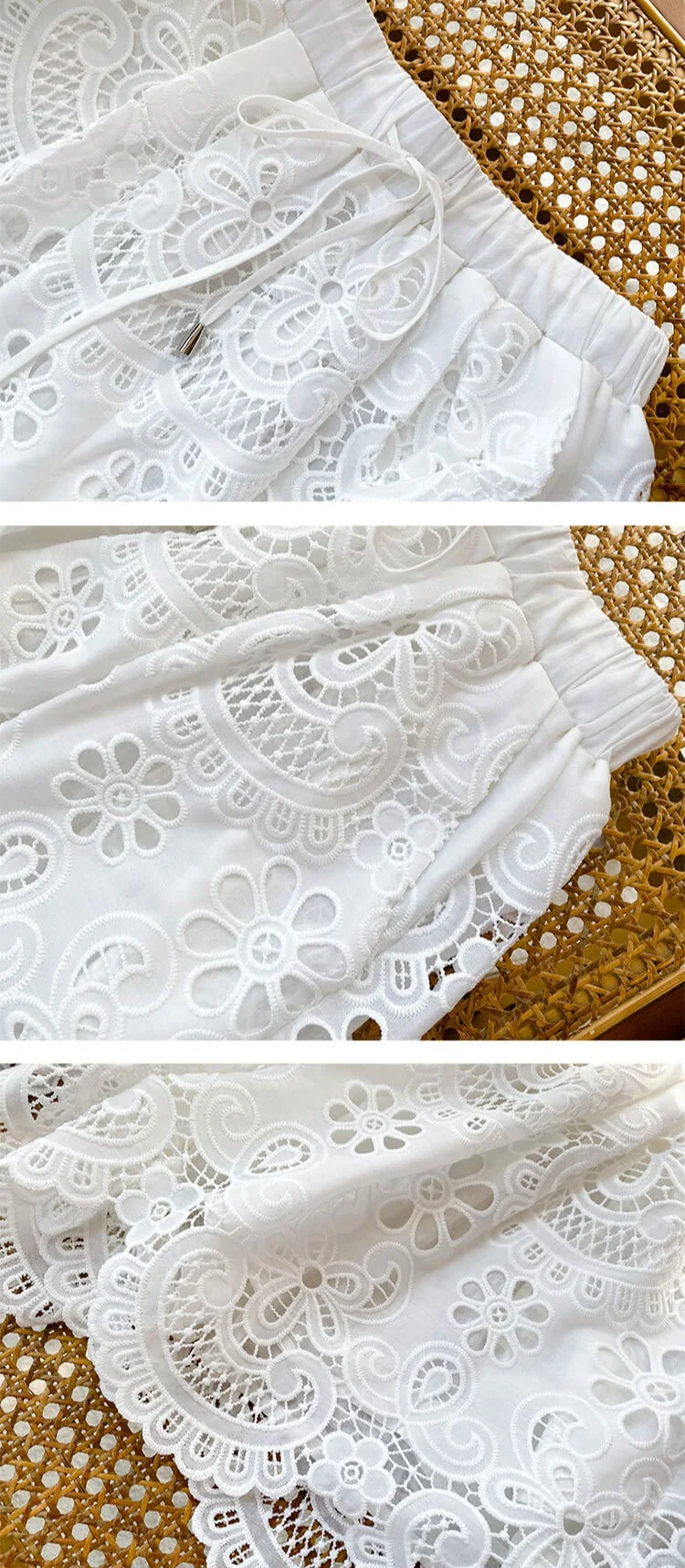 French Chic White Scalloped Lace Embroidered Womens Loose Shorts