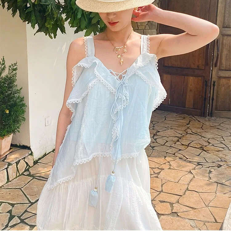 French Riviera Breathable Lyocell Scalloped Lace Trim Womens Cami Top