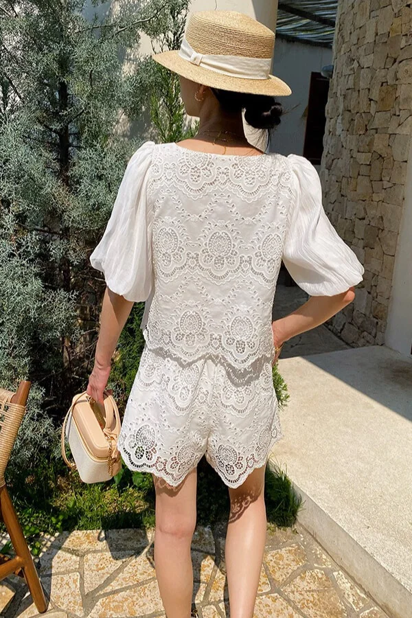 French Riviera Scalloped Broderie Anglaise Womens Shorts Set