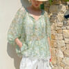 French Riviera Scalloped Lace Crinkled Linen Mix Womens Floral Blouse