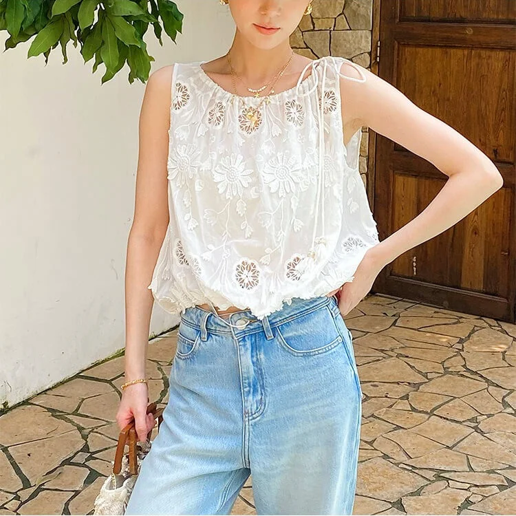 French Riviera Airy Cotton Broderie Anglaise Women Midi Skirt Set