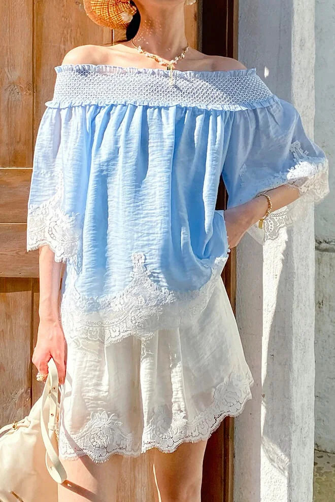 French Riviera Smocked Scalloped Lace Lyocell Womens Bardot Blouse