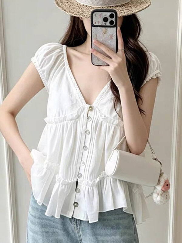 Alternative view of French Riviera Broderie Anglaise Cotton Womens Puff Sleeve Blouse