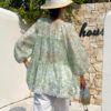 French Riviera Scalloped Lace Crinkled Linen Mix Womens Floral Blouse