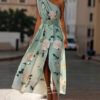French Riviera Breathable Floral Belted Womens One Shoulder Maxi Dress