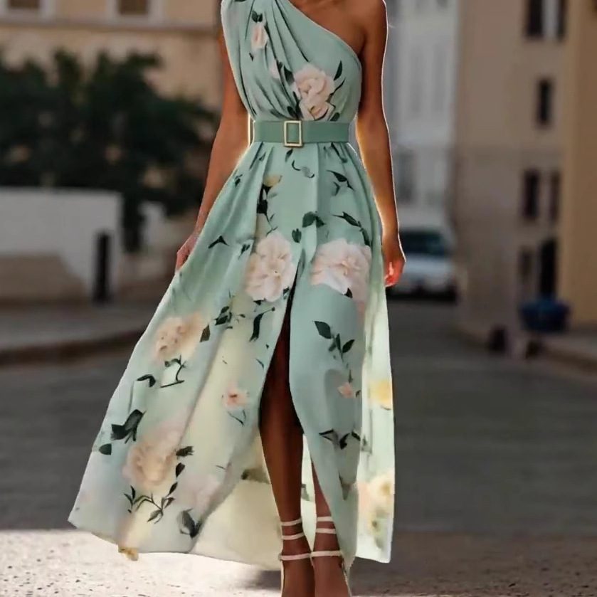 French Riviera Breathable Floral Belted Womens One Shoulder Maxi Dress