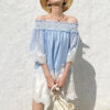 French Riviera Smocked Scalloped Lace Lyocell Womens Bardot Blouse