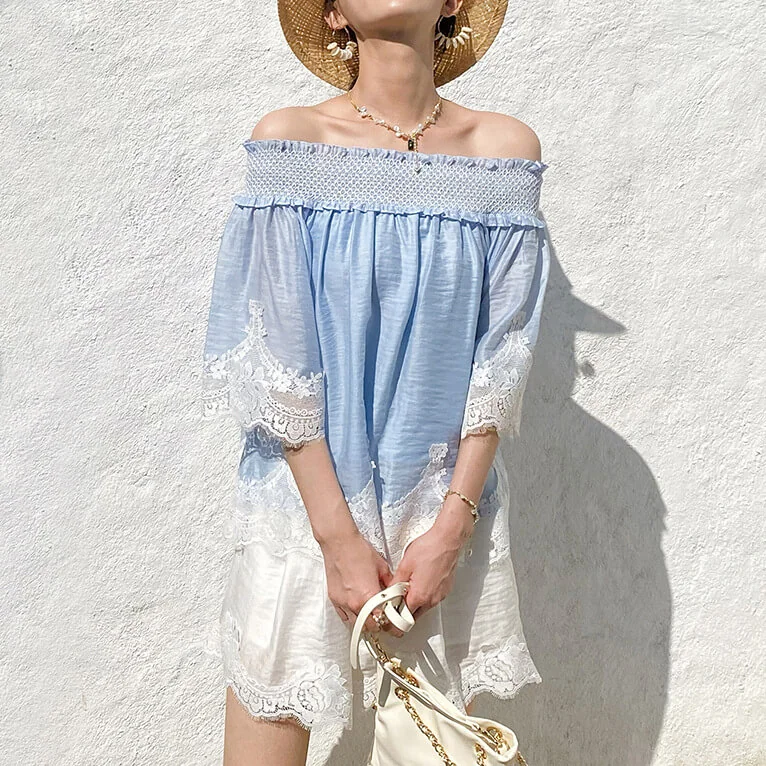 French Riviera Smocked Scalloped Lace Lyocell Womens Bardot Blouse
