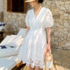 French Riviera Broderie Anglaise Scalloped Cotton Womens Mini Dress
