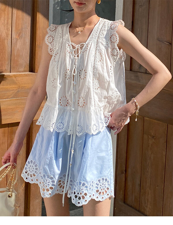 French Riviera Scalloped Broderie Anglaise Cotton Linen Womens Shorts