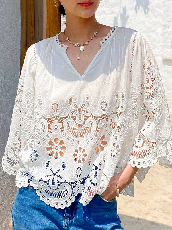 French Riviera Scalloped White Broderie Anglaise Womens Tops