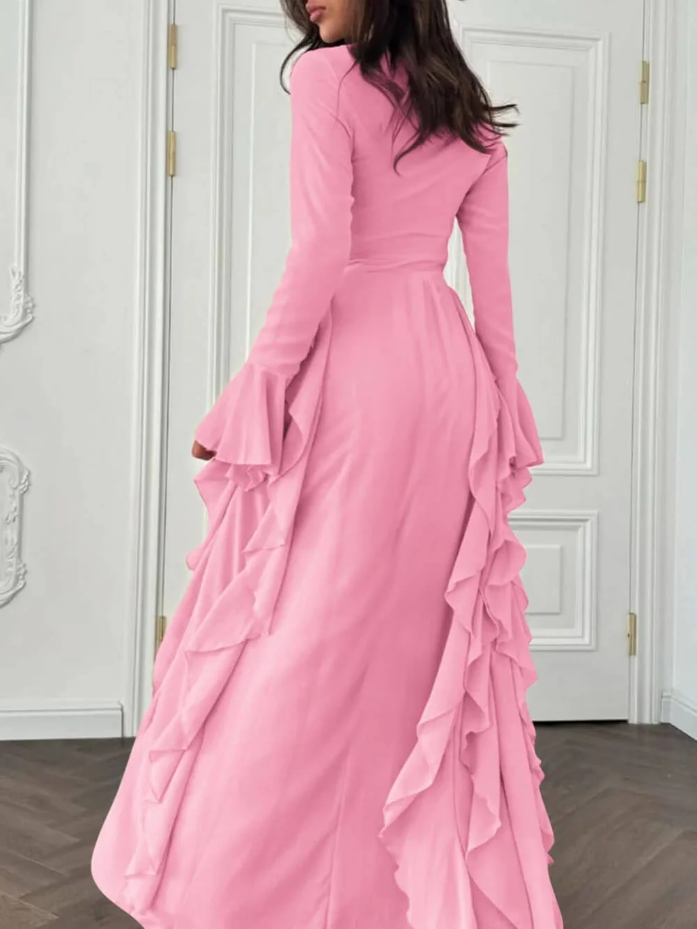 Timeless Classic Ruffled Flare Sleeve Stretchy Polyester Womens Maxi Dress
