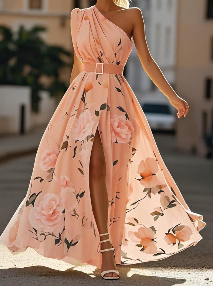 French Riviera Breathable Floral Belted Womens One Shoulder Maxi Dress