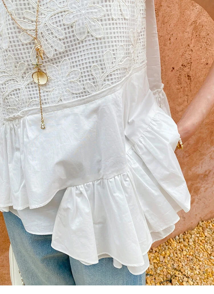 French Riviera Broderie Anglaise Womens Asymmetric Ruffled Blouse