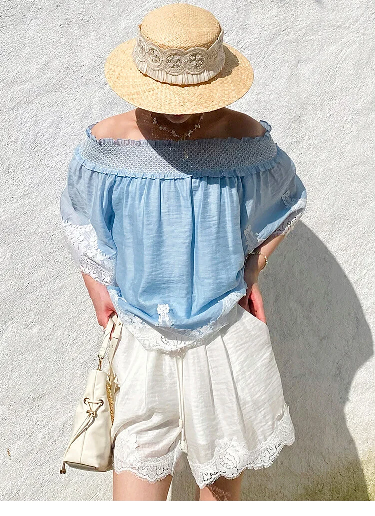 French Riviera Smocked Scalloped Lace Lyocell Womens Bardot Blouse