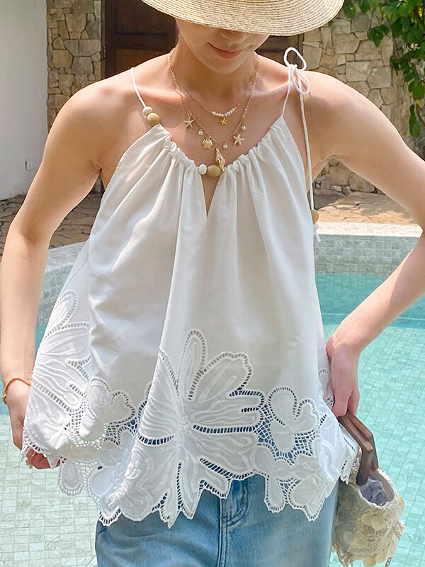 French Riviera Scalloped Broderie Anglaise Cotton Womens Cami Top