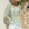 French Riviera Scalloped Lace Crinkled Linen Mix Womens Floral Blouse