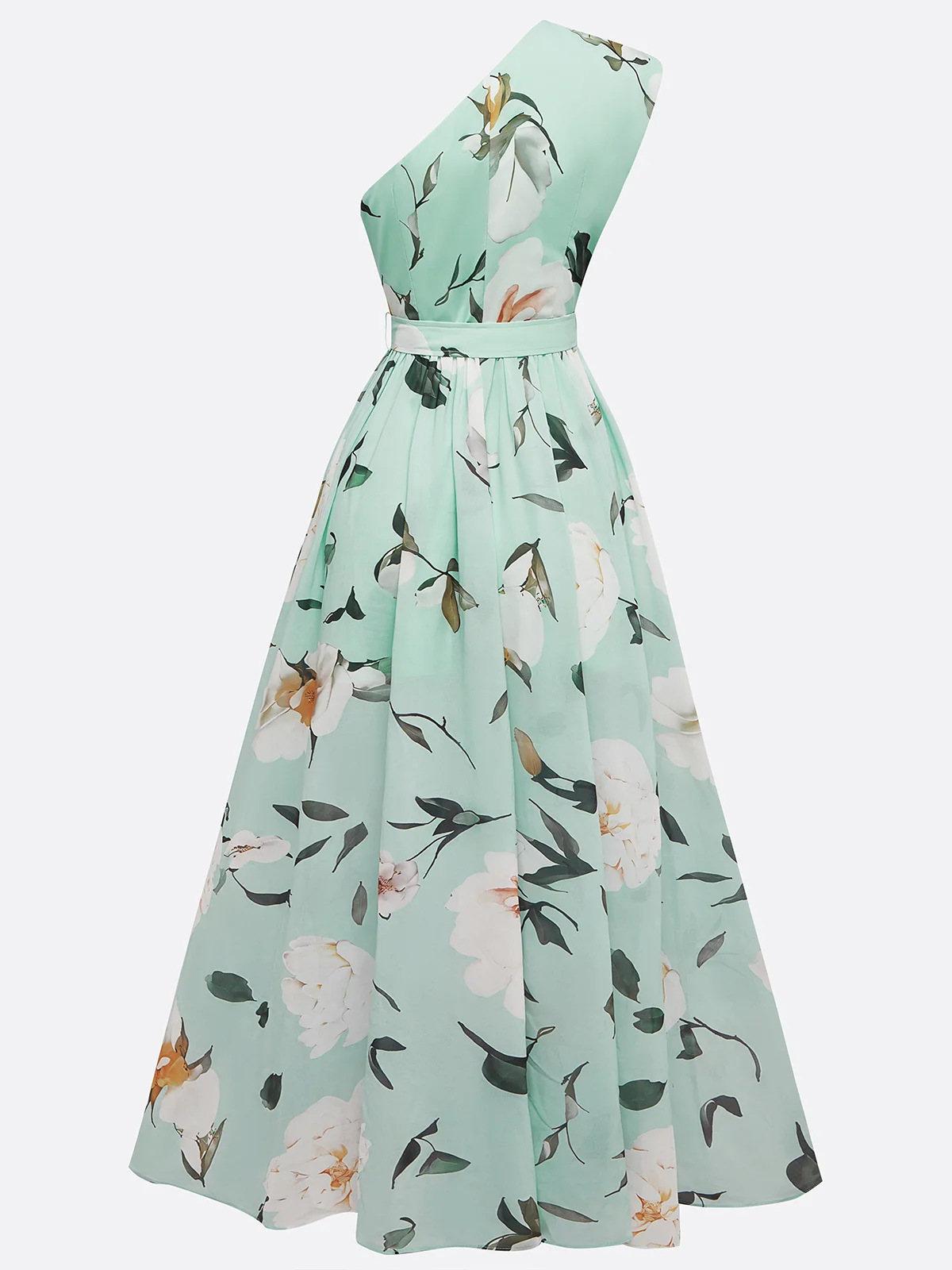 French Riviera Breathable Floral Belted Womens One Shoulder Maxi Dress