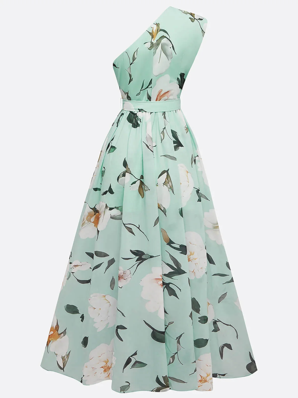 French Riviera Breathable Floral Belted Womens One Shoulder Maxi Dress