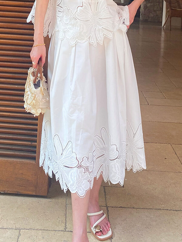 French Riviera Scalloped Broderie Anglaise Womens A Line Midi Skirt