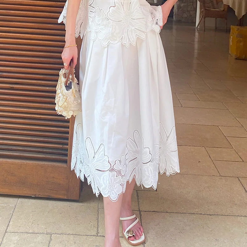 French Riviera Scalloped Broderie Anglaise Womens A Line Midi Skirt