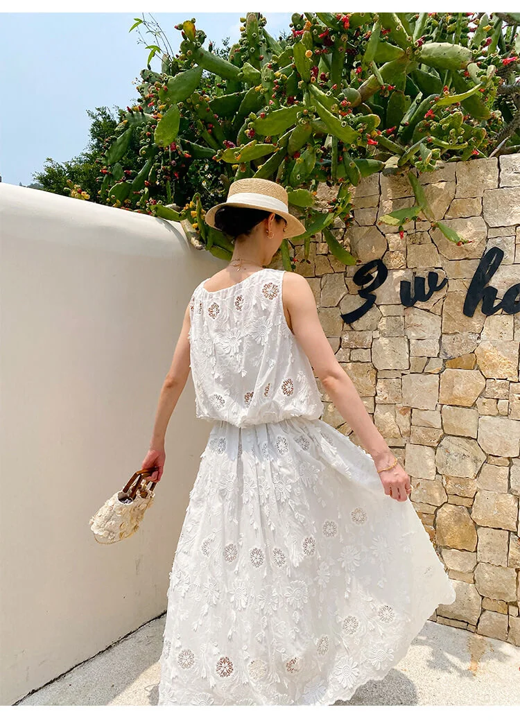 French Riviera Broderie Anglaise Cotton Womens Midi Two Piece Set