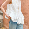 French Riviera Broderie Anglaise Womens Asymmetric Ruffled Blouse